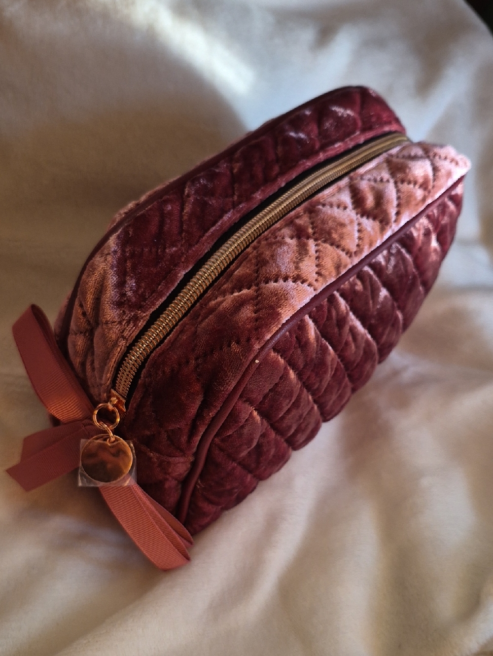 Quilted Velvet Cosmetic Bag in Rose Wine